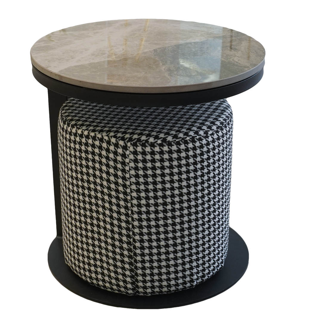 Firefly Steinem Side Table + Pouf Set Of 2 - White/Black Marble