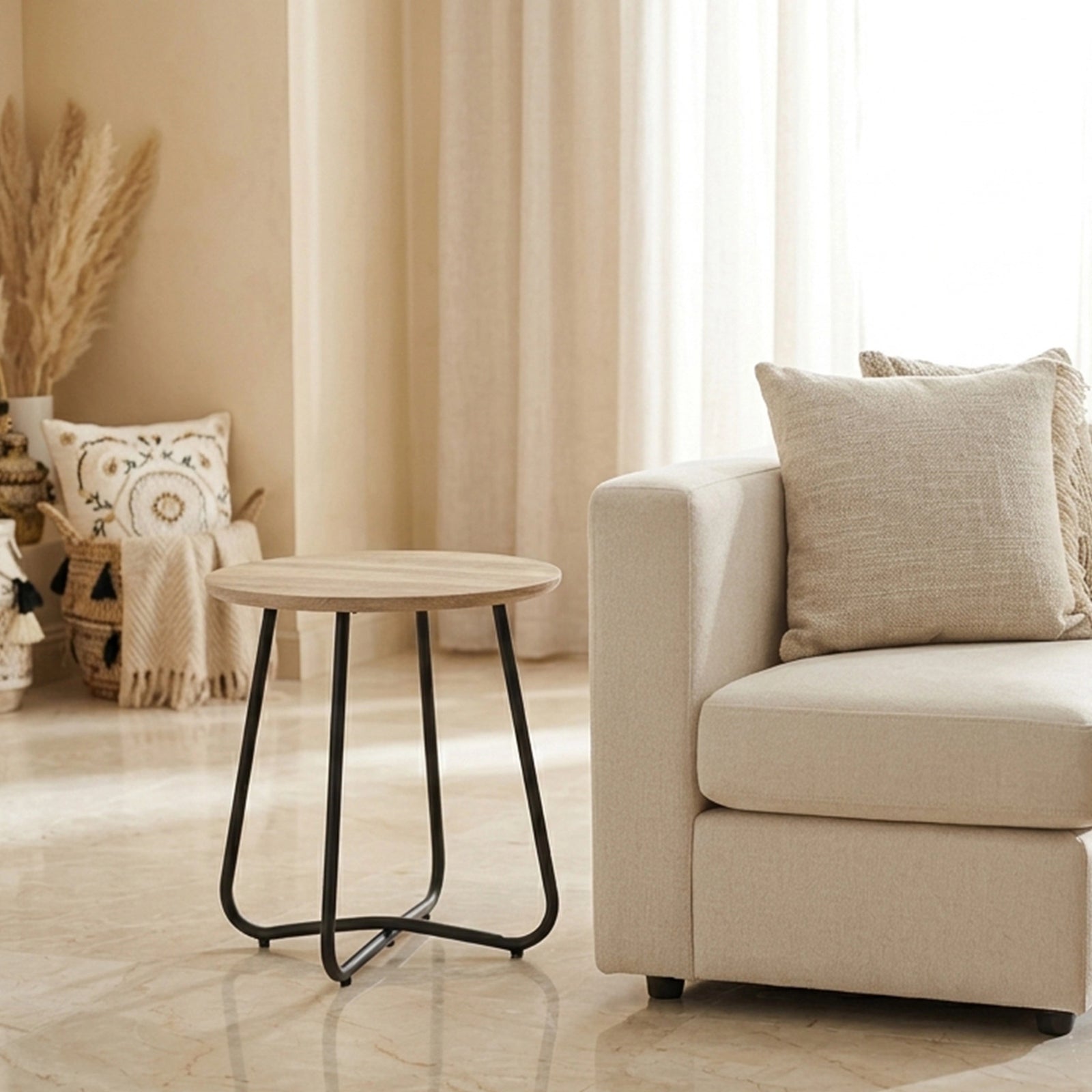 EMMA SIDE TABLE 18MM WOOD GRAIN MDF+METAL LEG Ø 45CM H 50CM LIGHT BROWNترابيذه