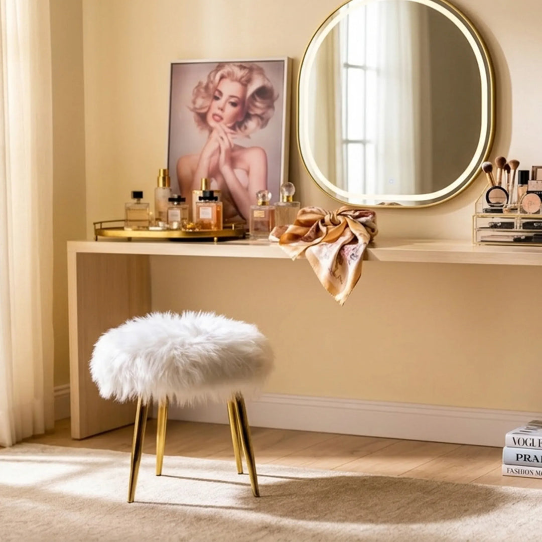 QUEEN STOOL ARTIFICIAL FABRIC+GOLD PLATING METAL LEG 38CM H42CM WHITE
