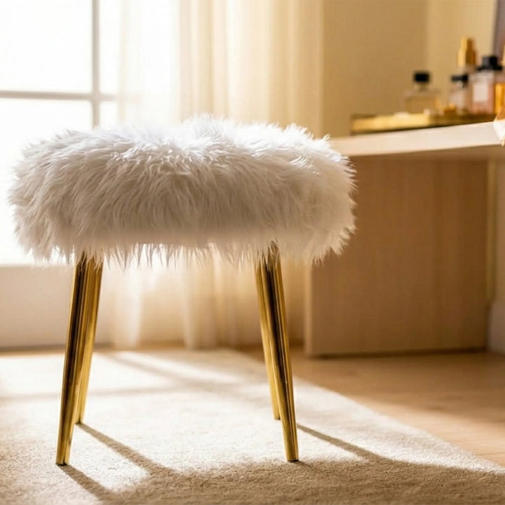 QUEEN STOOL ARTIFICIAL FABRIC+GOLD PLATING METAL LEG 38CM H42CM WHITE