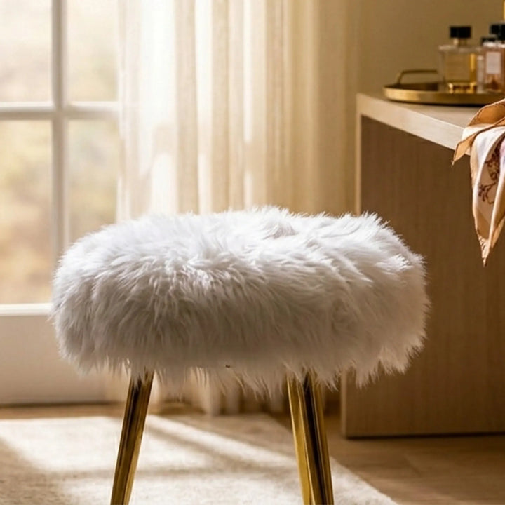 QUEEN STOOL ARTIFICIAL FABRIC+GOLD PLATING METAL LEG 38CM H42CM WHITE