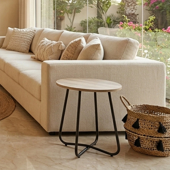 EMMA SIDE TABLE 18MM WOOD GRAIN MDF+METAL LEG Ø 45CM H 50CM LIGHT BROWNترابيذه