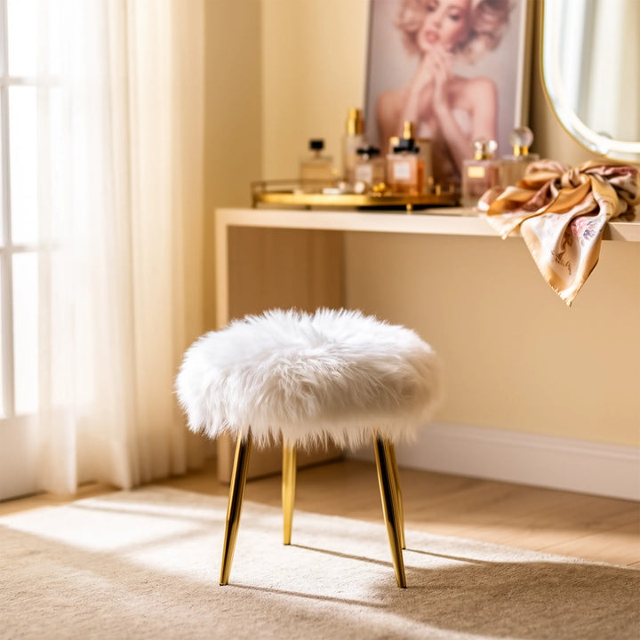 QUEEN STOOL ARTIFICIAL FABRIC+GOLD PLATING METAL LEG 38CM H42CM WHITE